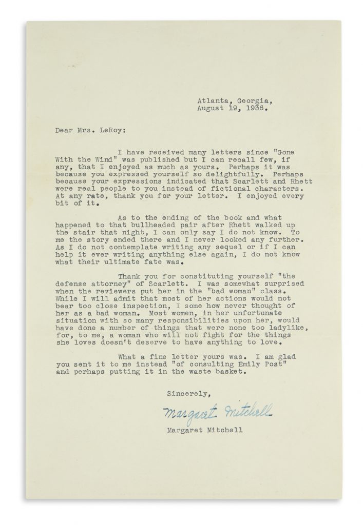 Lot 340, a typed letter from Margaret Mitchell to a fan discussing her characters from Gone With the Wind.