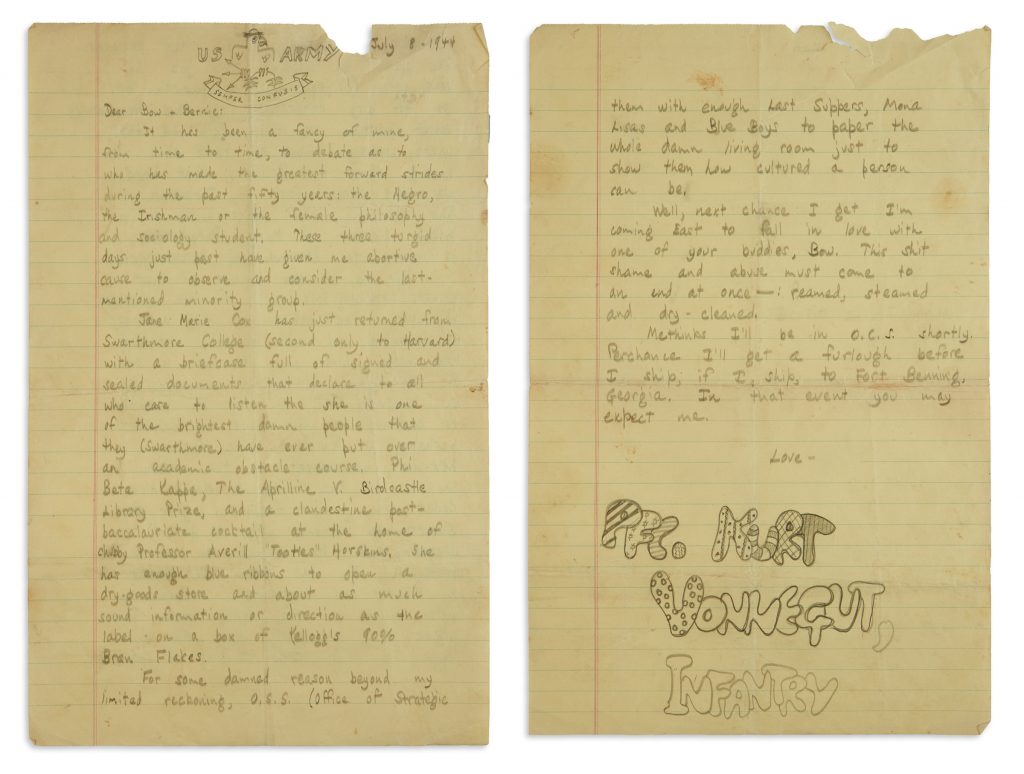 Lot 356, a letter from Kurt Vonnegut to his brother features a US Army doodle as well as his signature in bubble letters.