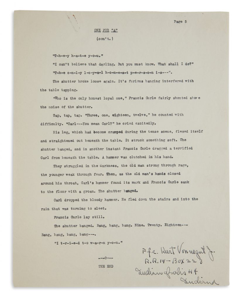 Lot 357, typescript, a complete short story entitled One for A by Kurt Vonnegut, signed and inscribed.