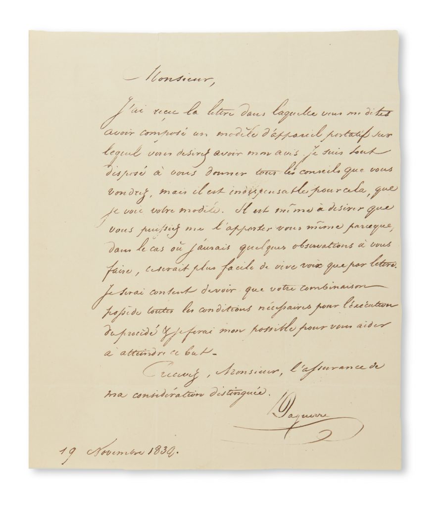 Lot 366, a letter from Louis Jacques Mandé Daguerre discussing his portable camera design. 