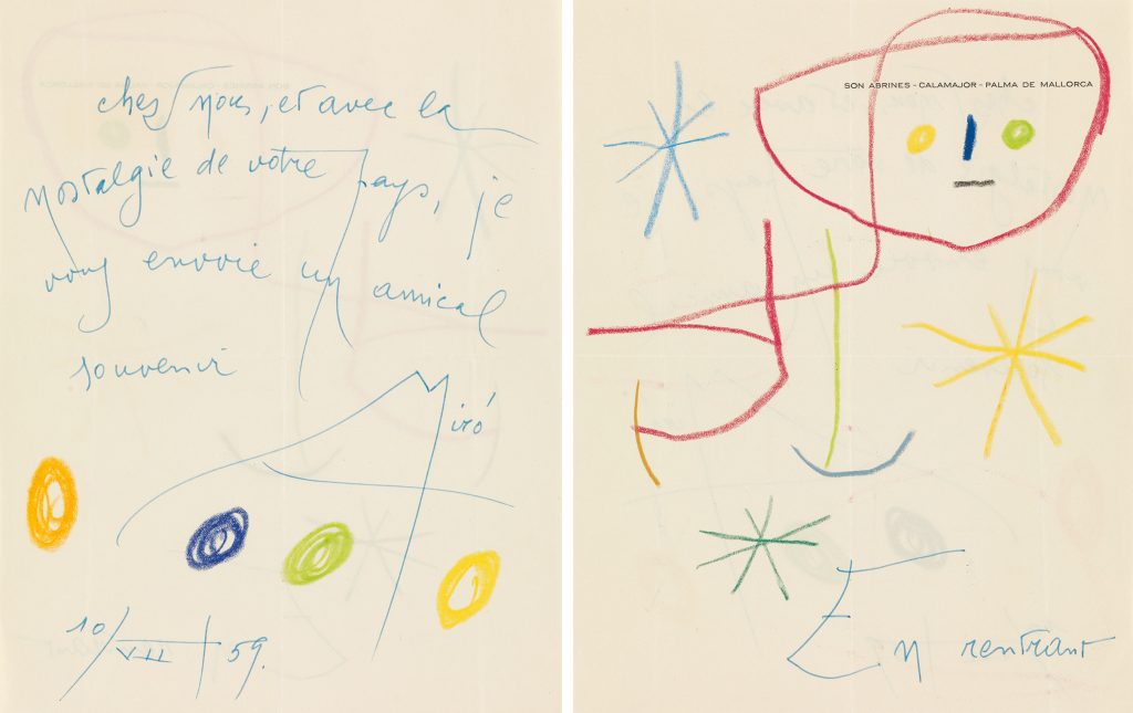 Lot 371, an illustrated letter from Joan Miró to the Director of Exhibitions & Publications at MoMA.