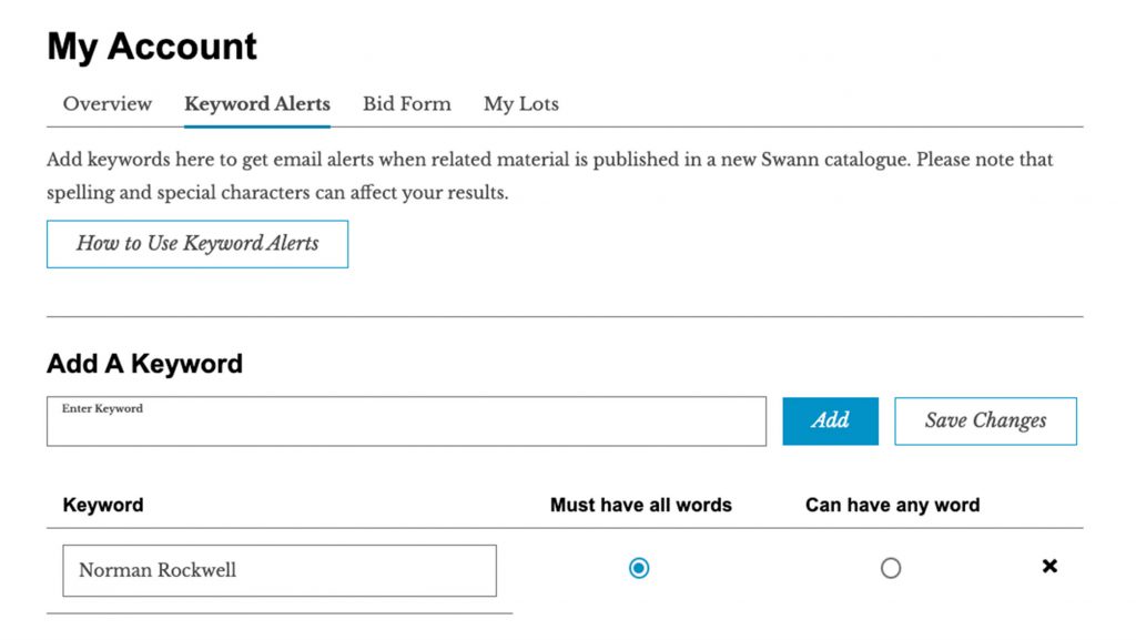 Screenshot of the keyword alert bar with "Must have all words" selected