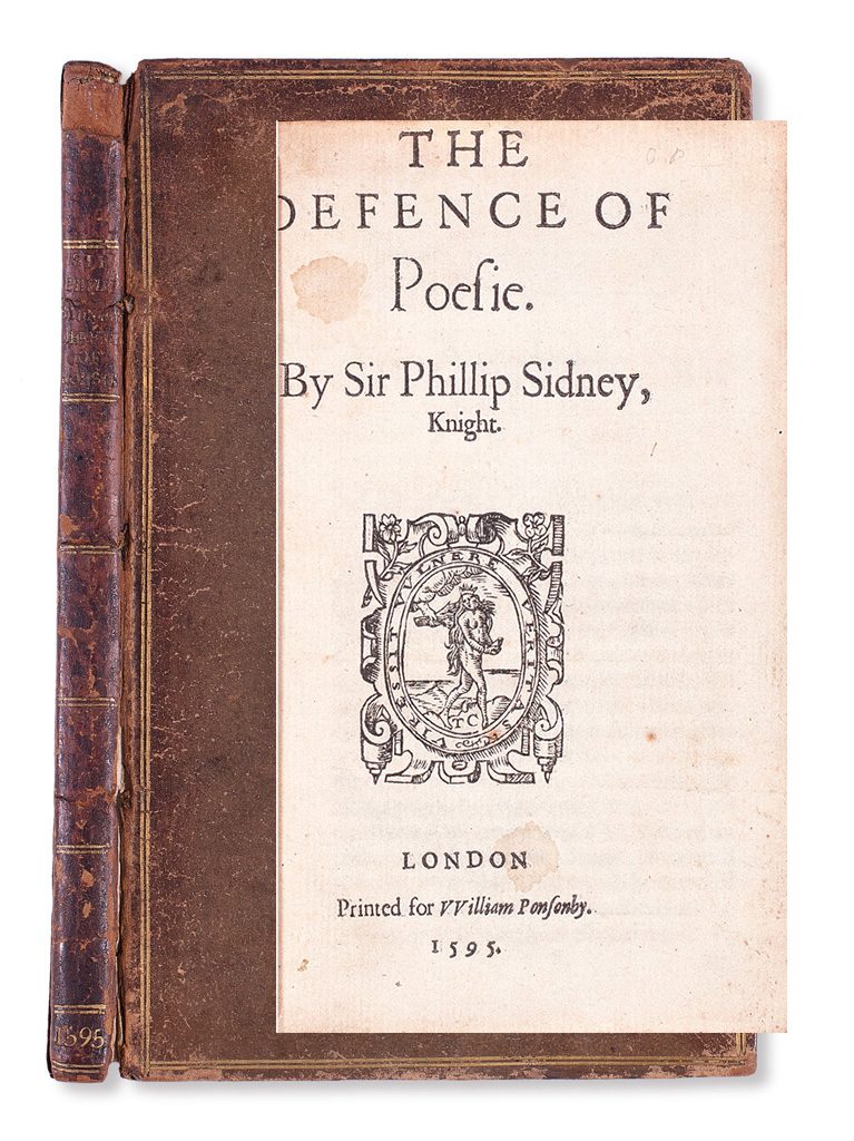 Sir Philip Sidney's book The Defense of Poesie shown with the outer over and title page.