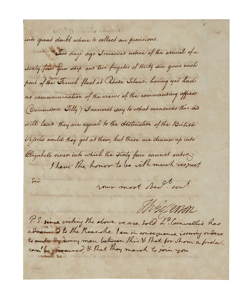 A signed letter from Thomas Jefferson sending troops to Major-General Nathanael Greene during the American Revolutionary War.