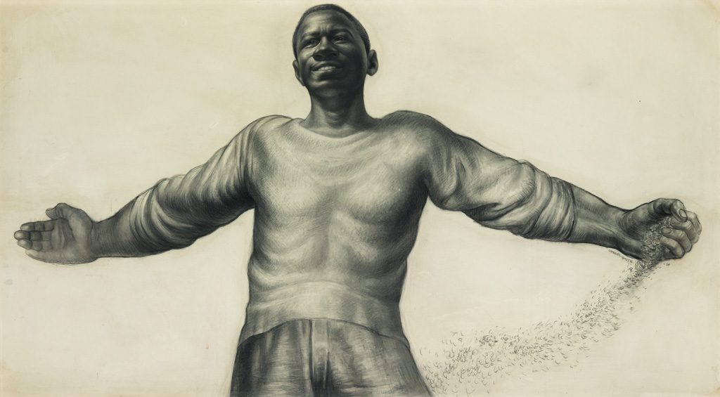 A charcoal drawing by Charles White of young black man with his arms spread open wide smiling.