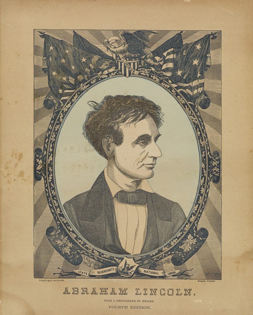 Blue tinted print of Abraham Lincoln