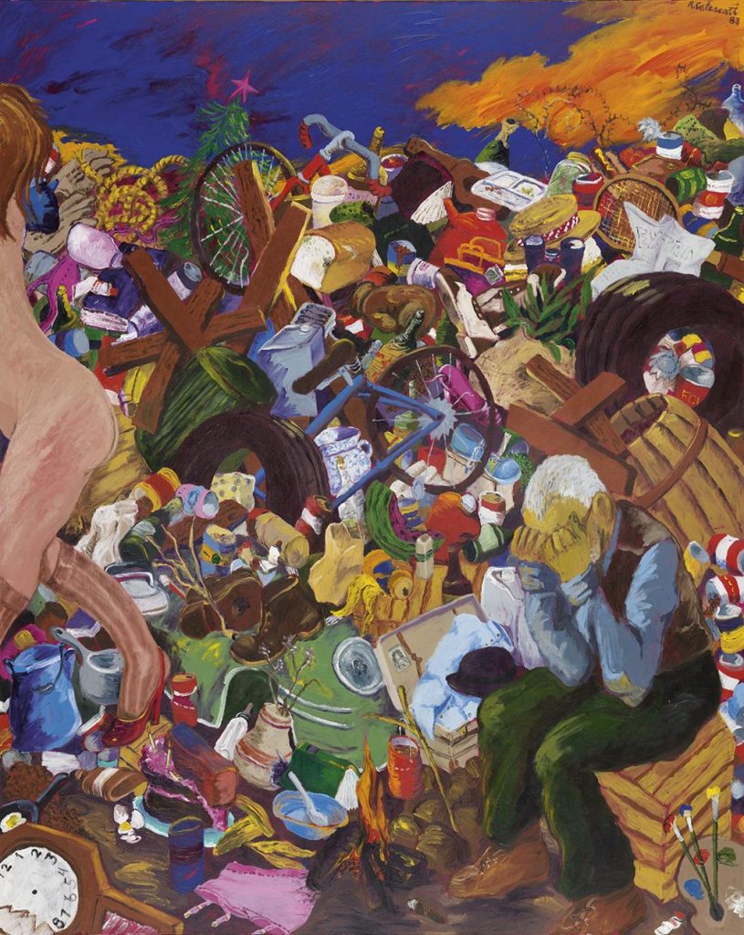A colorful painting of a man with his head in his hands sitting in a large pile of trash with a female figure retreating by Robert Colescott.
