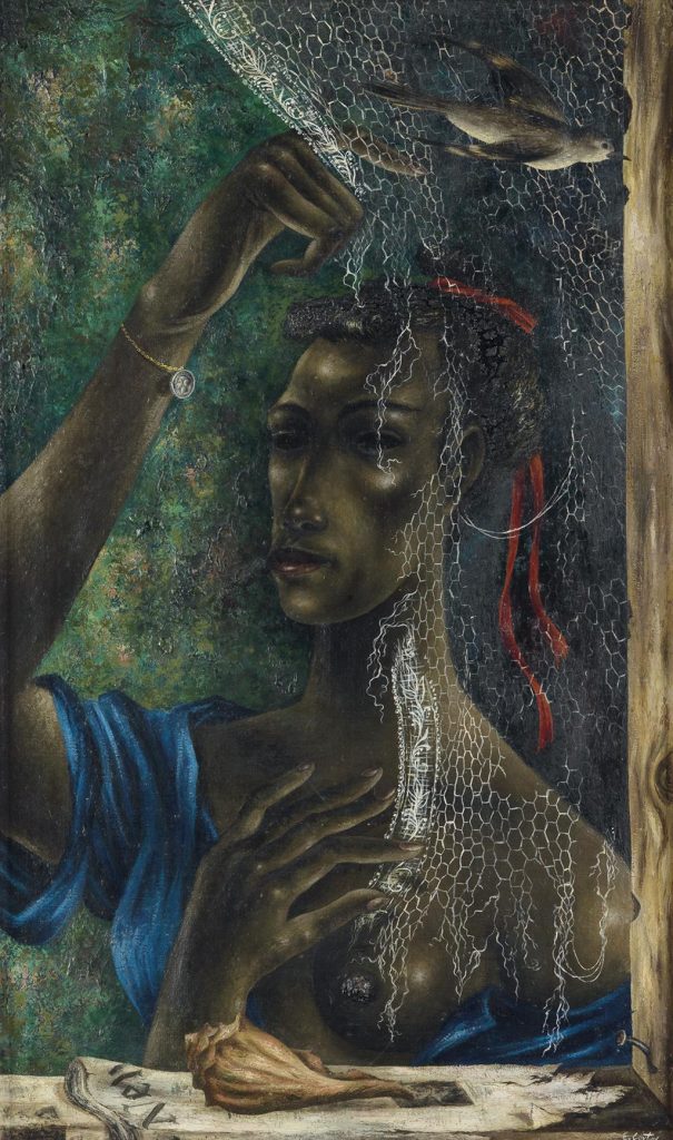 A painting by Eldzier Cortor of a young black woman peering through a fishing net being used as a curtain in a window.