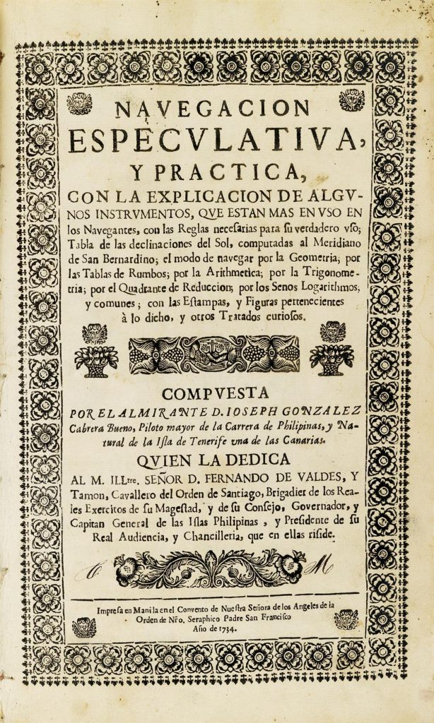 Title page of José González Cabrera Bueno's book the first navigation manual printed in the Philippines. Written in Spanish.