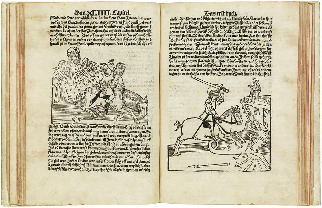 A double page spread from Jean de Mandeville's Reysen und Wanderschafften durch das Gelobte Land with illustrations of a god-like figure aiming swords at a man on a horse, and a knight slaying a dragon to rescue a princess.