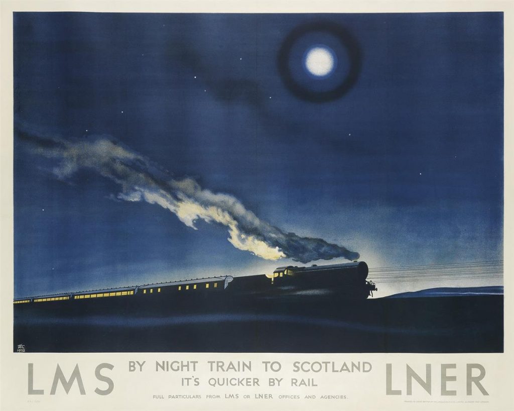 A poster of a passenger train chugging along through the night.