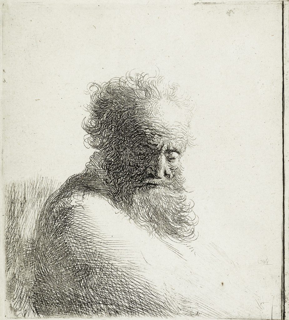 Etching of an old man looking down by Rembrandt van Rijn.
