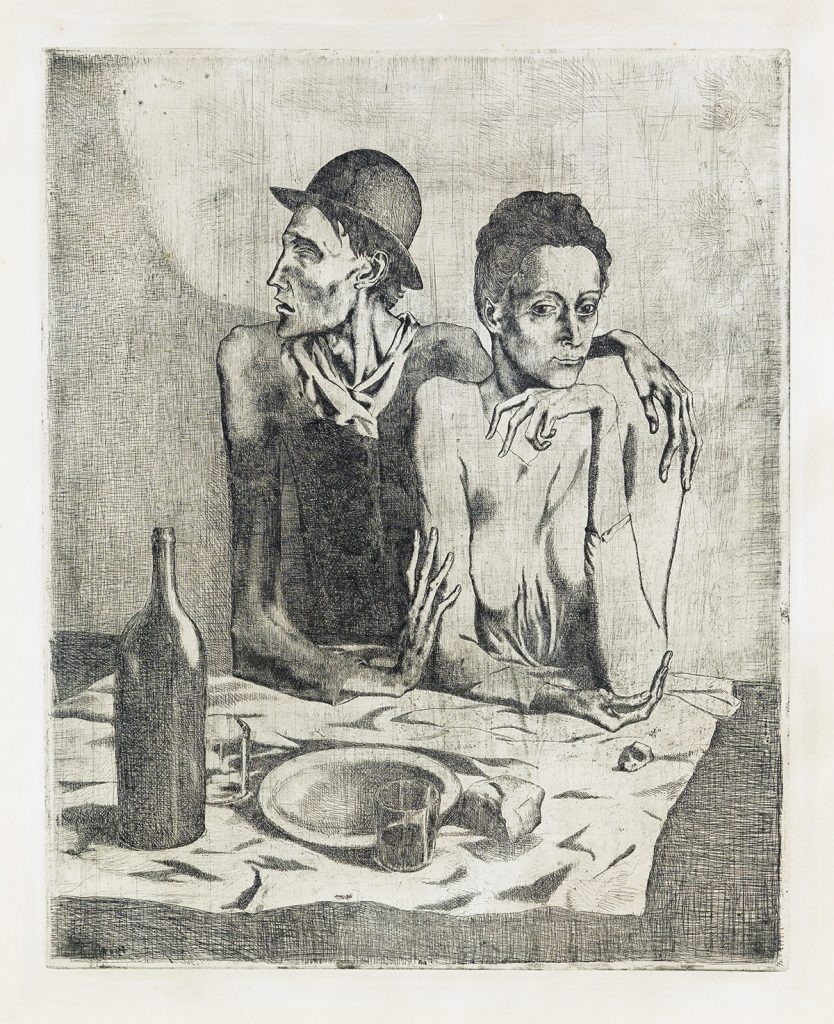 Etching by Pablo Picasso of a young couple sitting down to eat. 