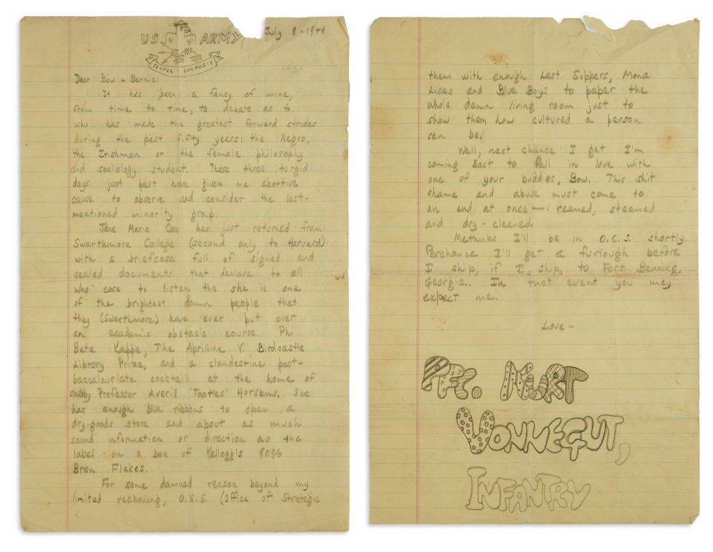 A handwritten letter from Kurt Vonnegut to his brother with a satirical doodle of an eagle on the letter head and signed PFC. Kurt Vonnegut, Infantry in bubble letters.