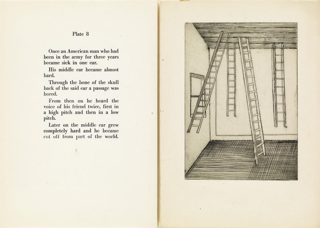 Plate 8 spread from Louise Bourgeois artist book "He Disappeared Into Complete Silence" with the left side featuring Bourgeois' text and the right side featuring her surrealist illustration with floating ladders.