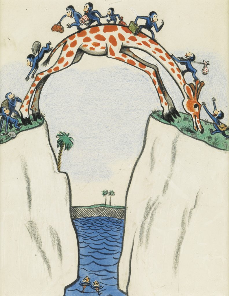 An illustration from H.A. Rey's book Cecily G. and the 9 Monkeys which features the 9 monkeys using Cecily the giraffe as a bridge to get from one side of the water to the other.