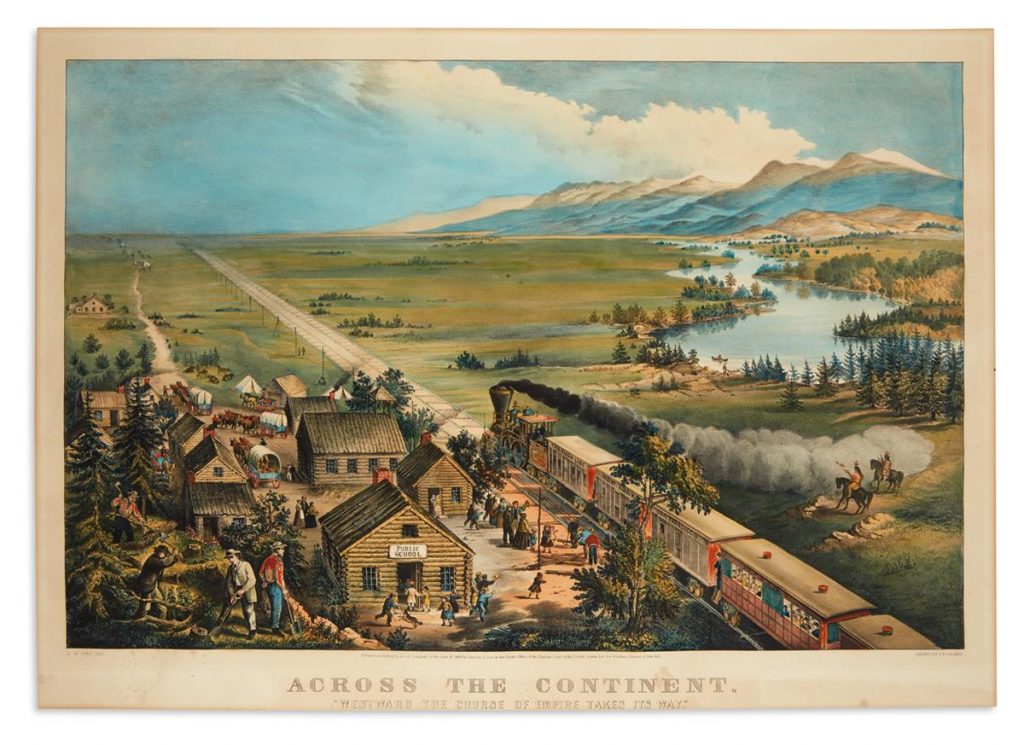 A Currier & Ives lithograph depicting the changing landscape of the mid-nineteenth century American frontier upon the completion of the Transcontinental Railroads.