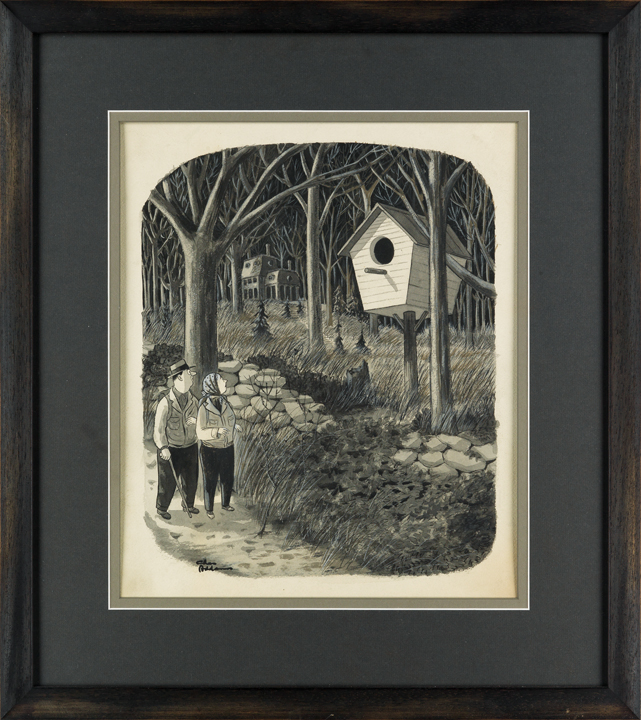Lot 258, framed illustration by Charles Addams featuring a couple walking past a giant birdhouse in the woods.