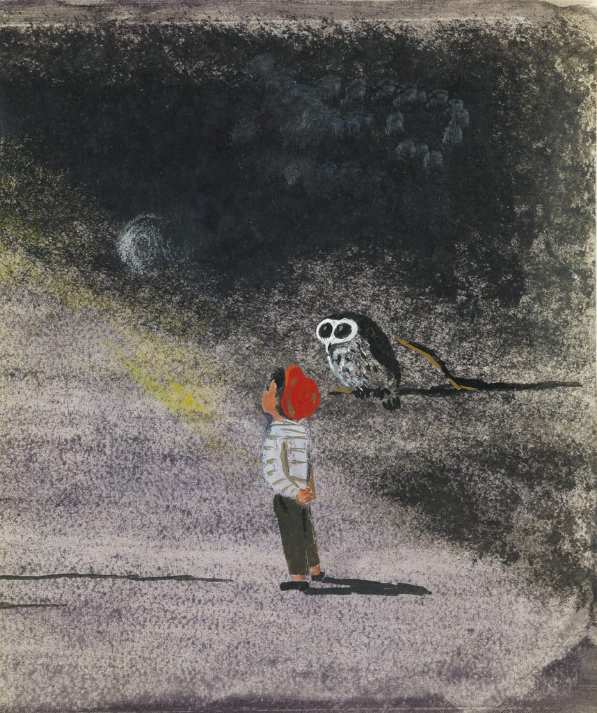 Lot 51, Helen Stone's working archive of illustrations for "Tell Me, Mr. Owl" featuring a little boy in a red cap looking up at the moon while an owl sits on a branch. 