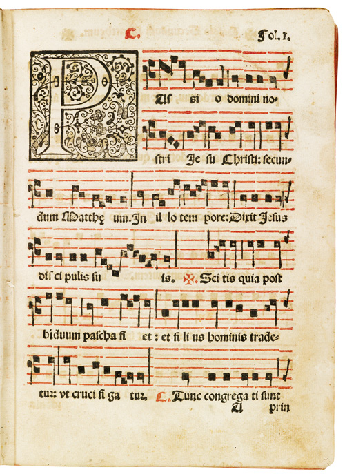 music leaf from the book printed in red and black