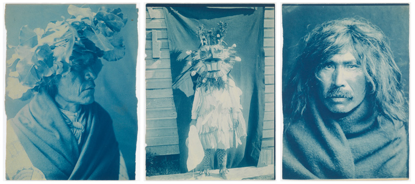 three cyanotype prints of Native American peoples