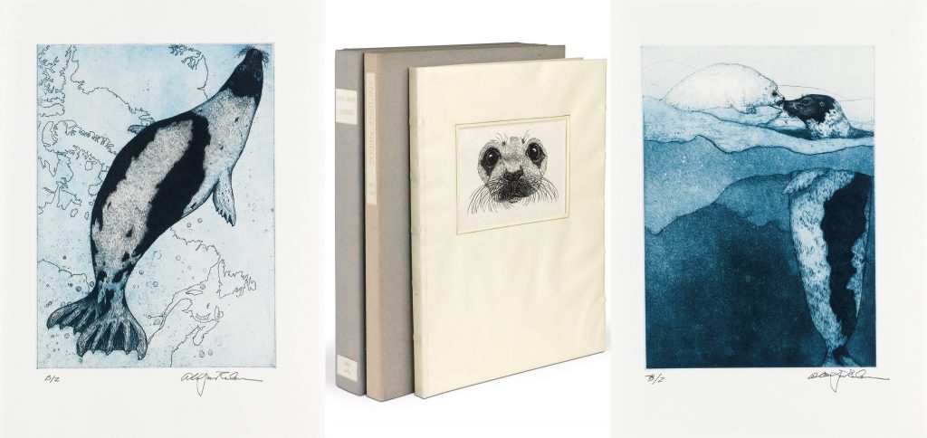 Water color images of seals by Alan James Robinson alongside an image of the bindings of the books from ABCendary Letterpress.