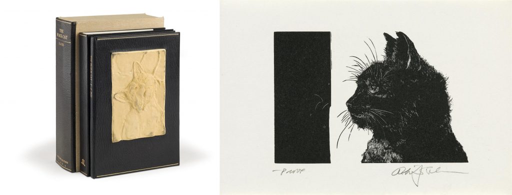 The Black Cat by Edgar Allan Poe with illustrations by Alan James Robinson, published by the Cheloniidae Press. Image of the bindings of the book and an illustration of the black cat.