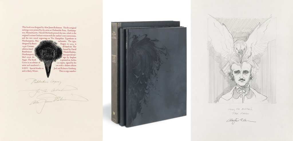 Alan James Robinson's The Raven by Edgar Allan Poe from the Cheloniidae Press with an image of the colophon with an image of a Raven's head, an image of the bindings and a sketch of Poe with a Raven on top of his head.