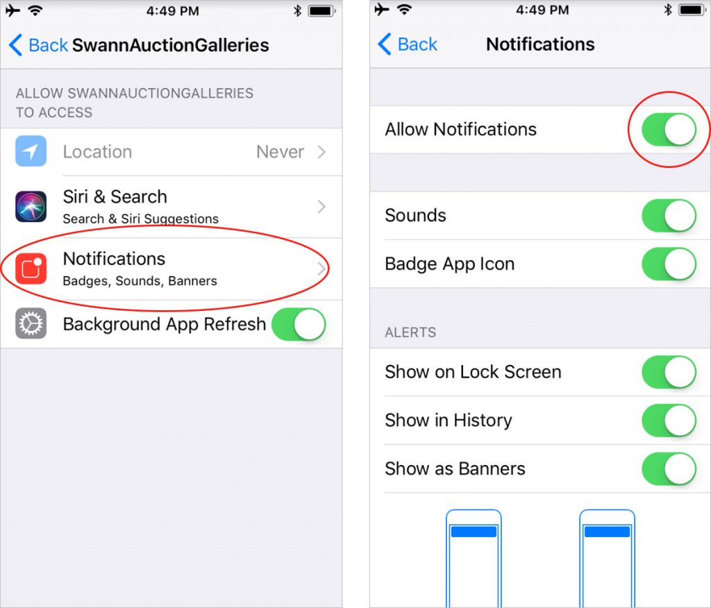 Screenshots of iphone Swann app Notifications Settings