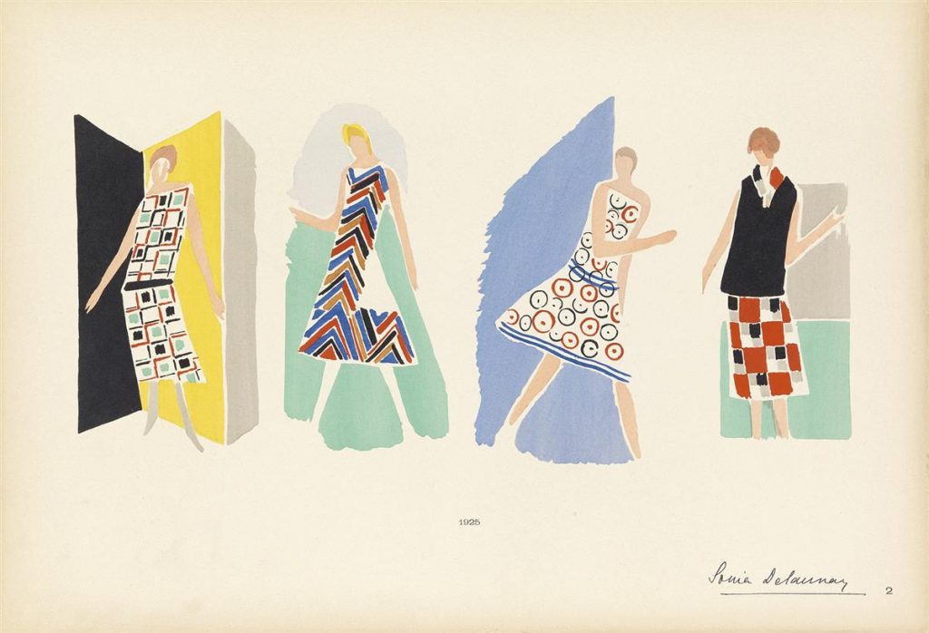 Illustration of four women in four different dress designs from by Sonia Delaunay. 