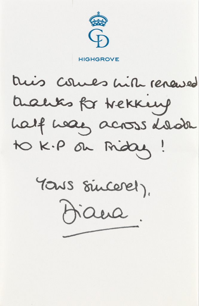 A note from Princess Diana with a blue CD monogram.