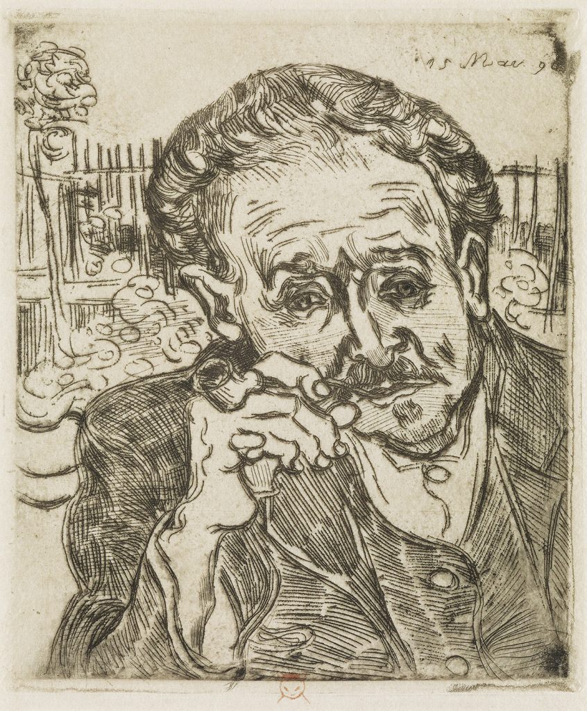 Etching of Dr. Gachet smoking a pipe by Vincent van Gogh