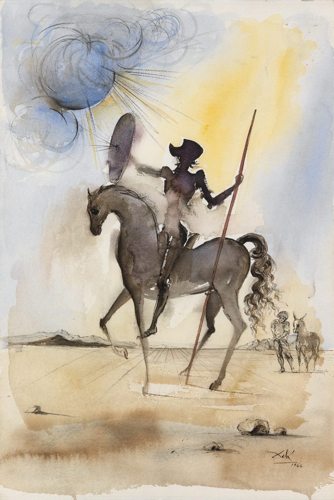 Watercolor of Don Quixote on his horse by Salvador Dalí