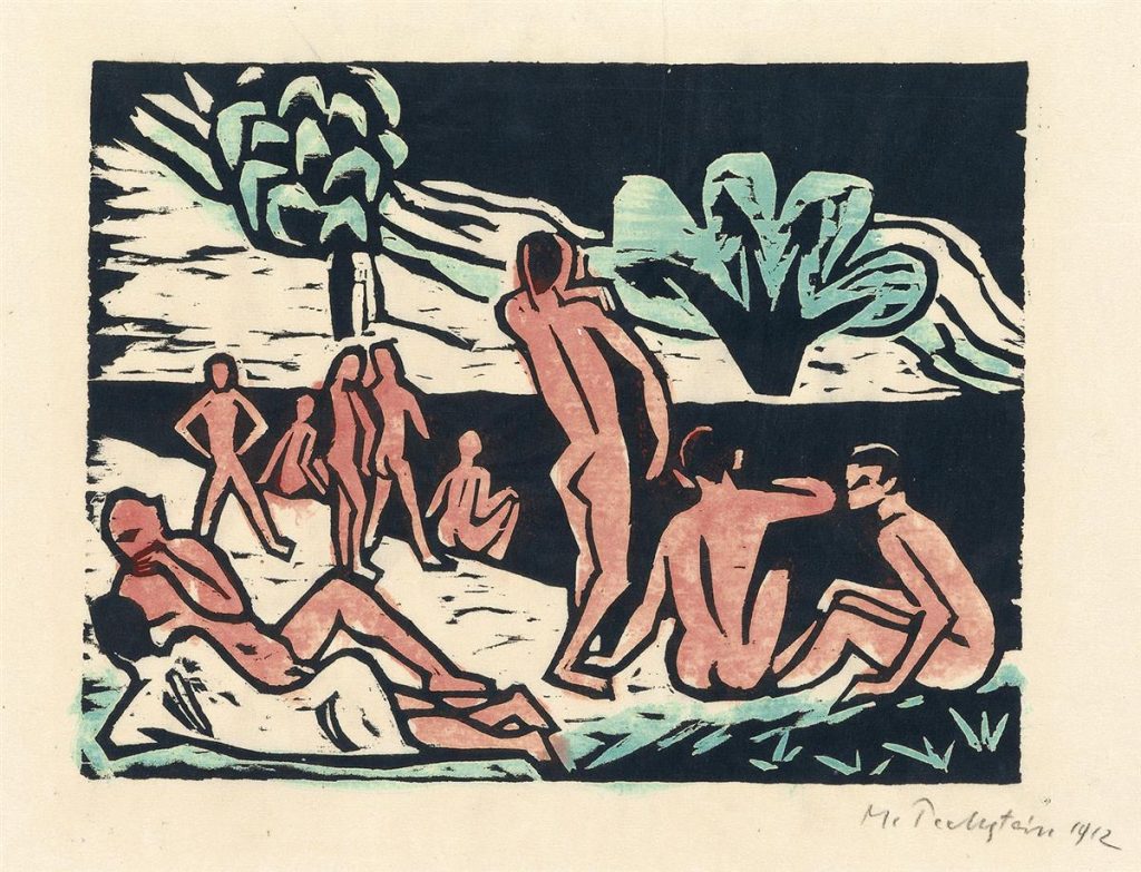 A woodcut print of figures on the beach by Max Pechstein.