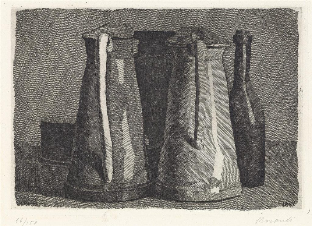 Black and white still-life etching by Giorgio Morandi of water pitchers.
