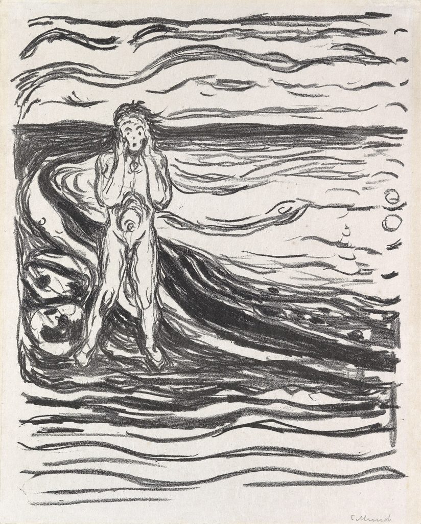 Black and white lithograph by Edvard Munch of a male figure grapsing his face in an "oh no" position.