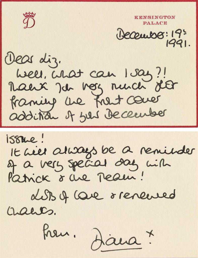 Front and back of a letter from Princess Diana.