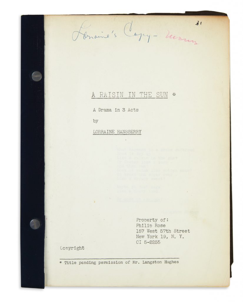 The cover of a draft typescript of Lorraine Hansberry's "A Raisin in the Sun"