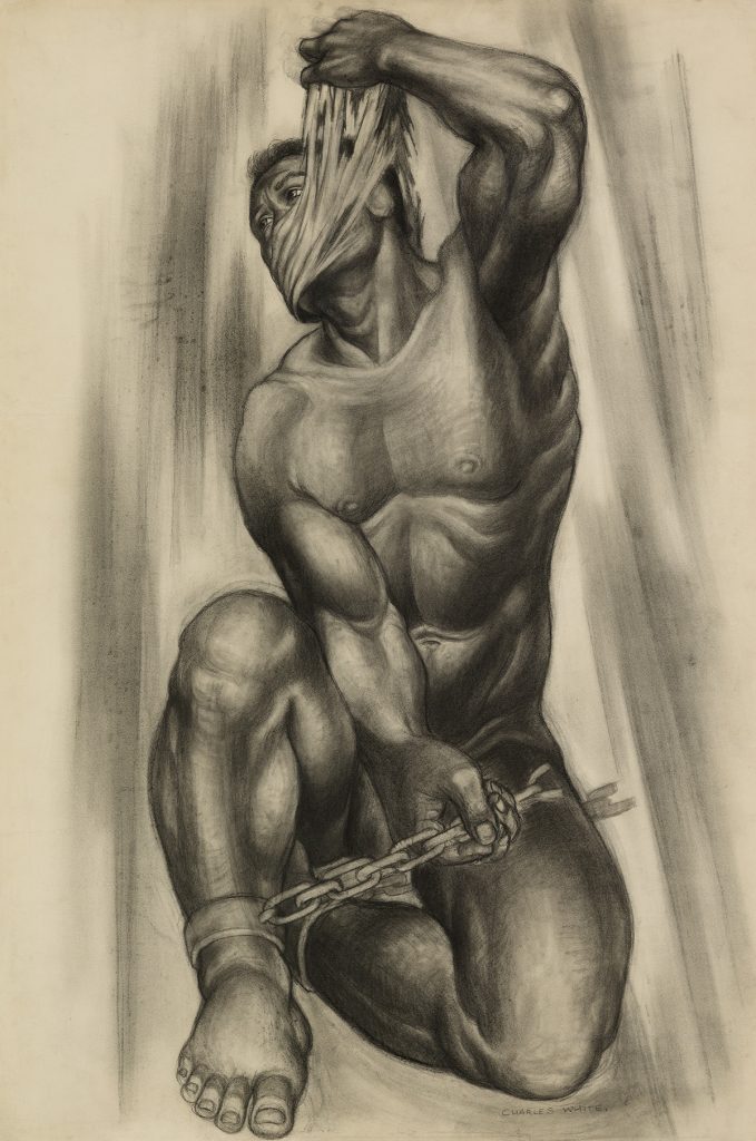 Charcoal drawing of an enchained figure by Charles White.