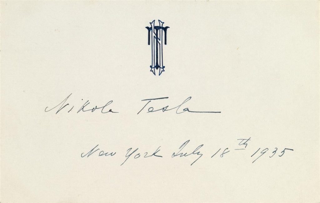 Nikola Tesla's signature on monogrammed card.