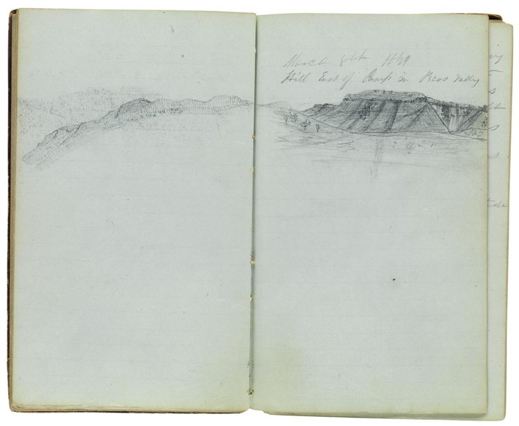 Two page spread from a manuscript diary with a doodle of a landscape.