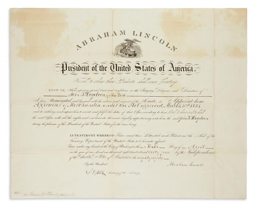 Document signed by Abraham Lincoln appointing John T. Hogeboom as Appraiser of Merchandise.