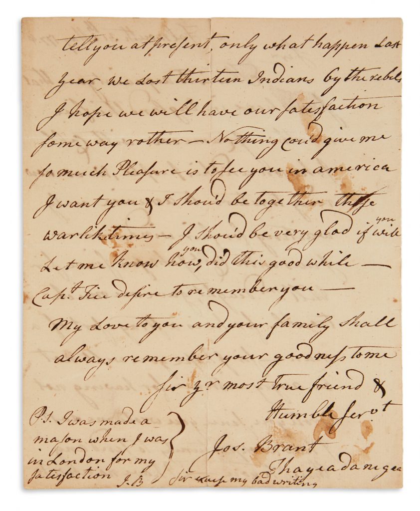 An autograph letter from Mohawk Chief Joseph Brant.