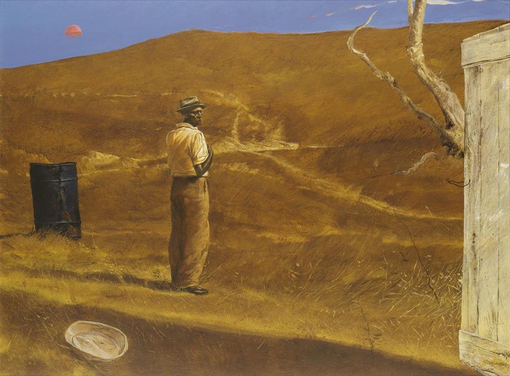 A painting of a man looking out onto a desert landscape by Kermit Oliver.