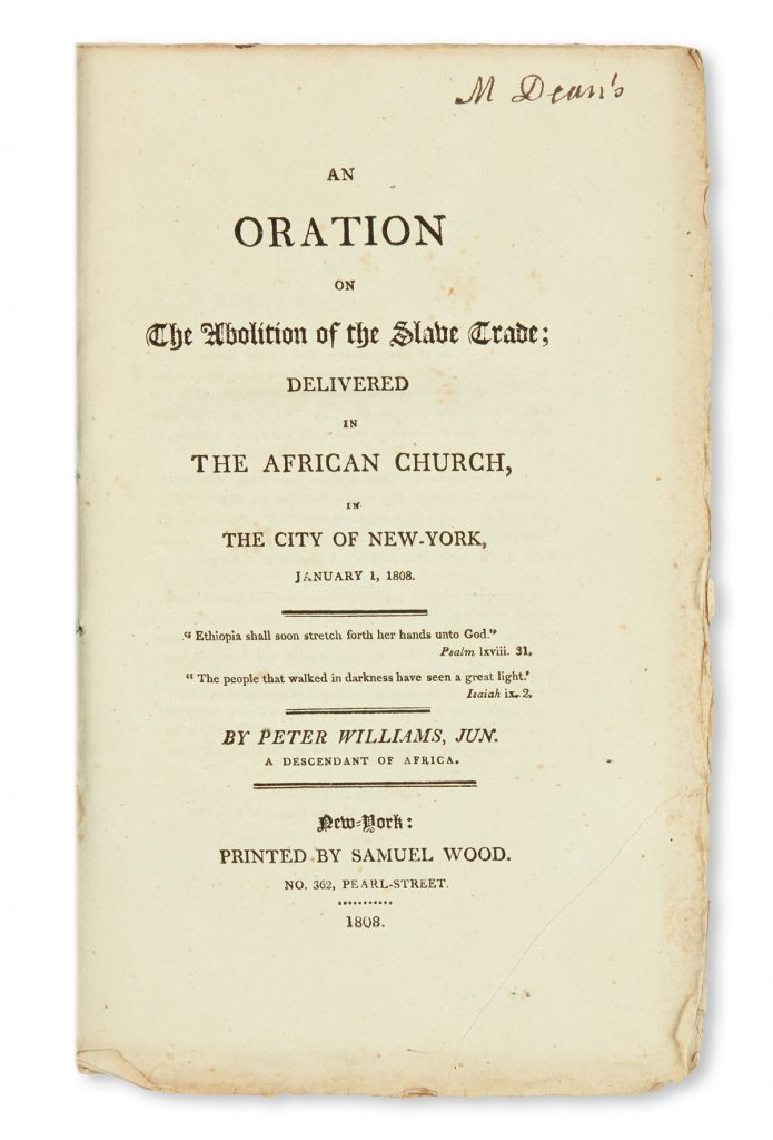 Title page of "An Oration on the Abolition of the Salve Trade, Delivered in the African Church, in New York City."