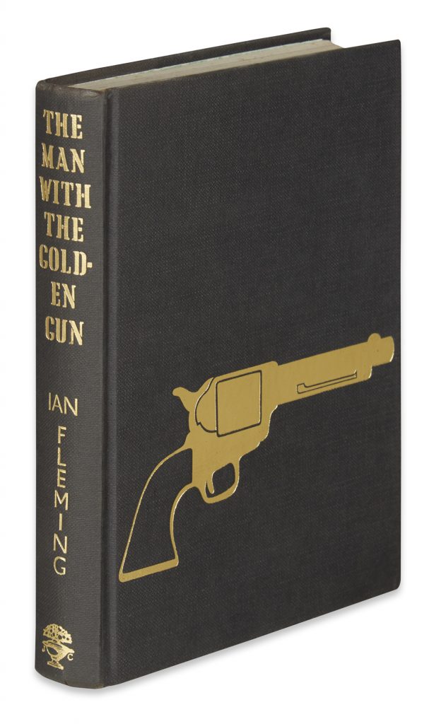 Cover image of Ian Fleming's James Bond novel, The Man with the Golden Gun with the rare golden gun on a black background.