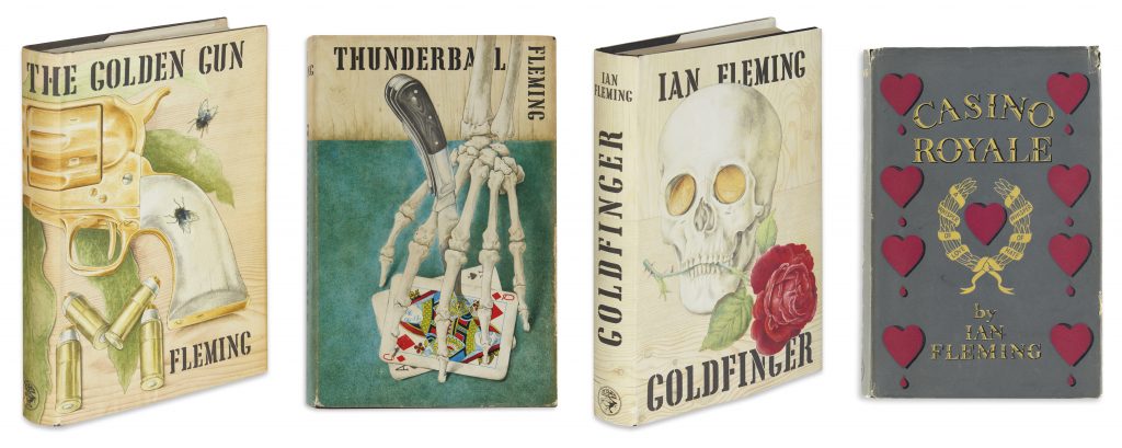 Covers of James Bond novels: The Golden Gun, Thunderball, Goldfinger and Casino Royale by Ian Fleming.