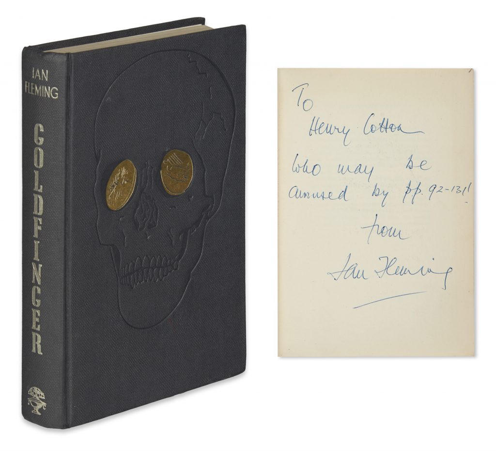 Front cover of James Bond novel, Goldfinger. Shown with Ian Fleming inscription to Henry Cotton.