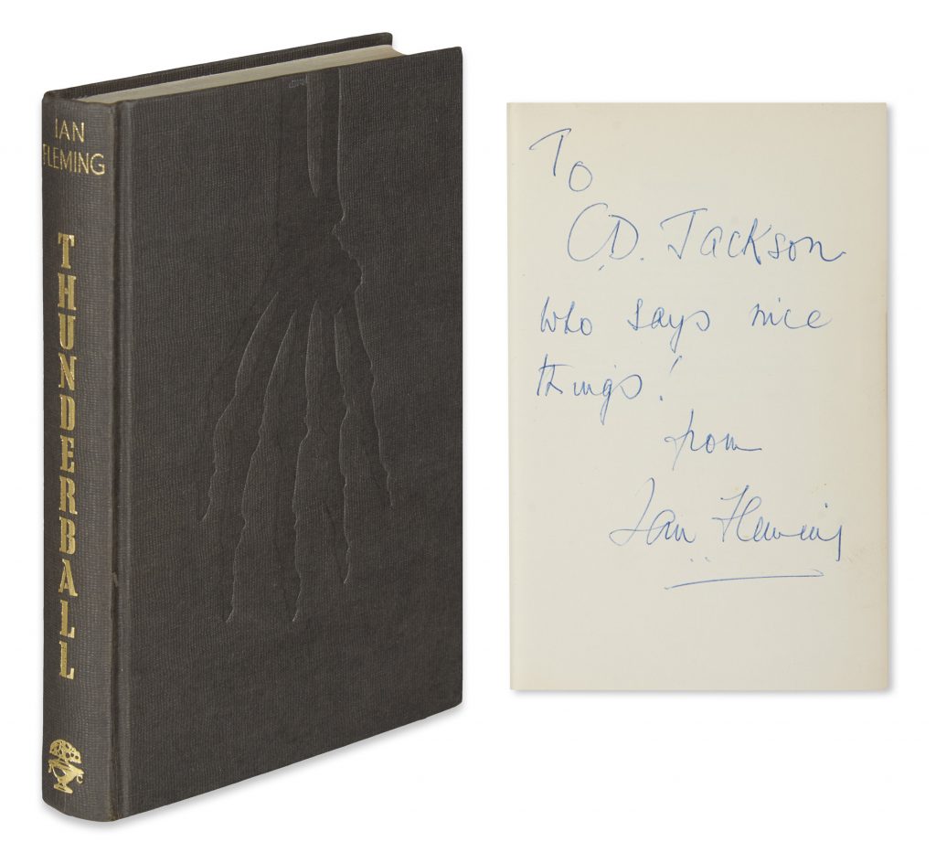 Front cover of James Bond novel, Thunderball. Shown with Ian Fleming inscription to C.D. Jackson.