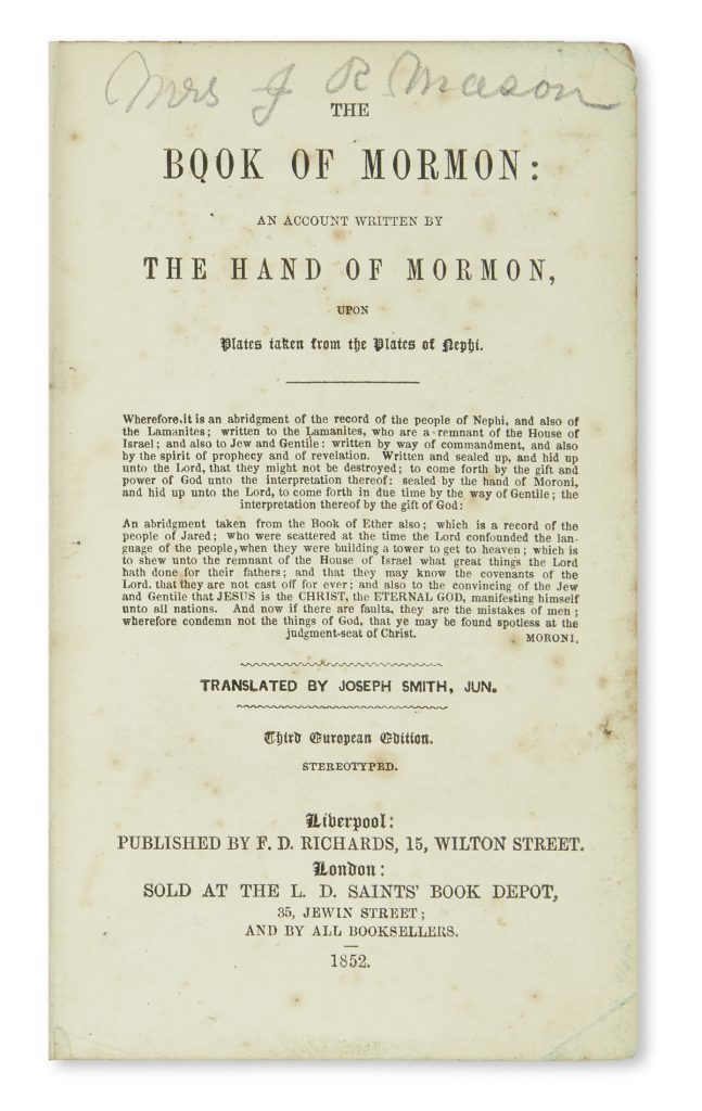 Title page of the 1852 Liverpool Book of Mormon. 